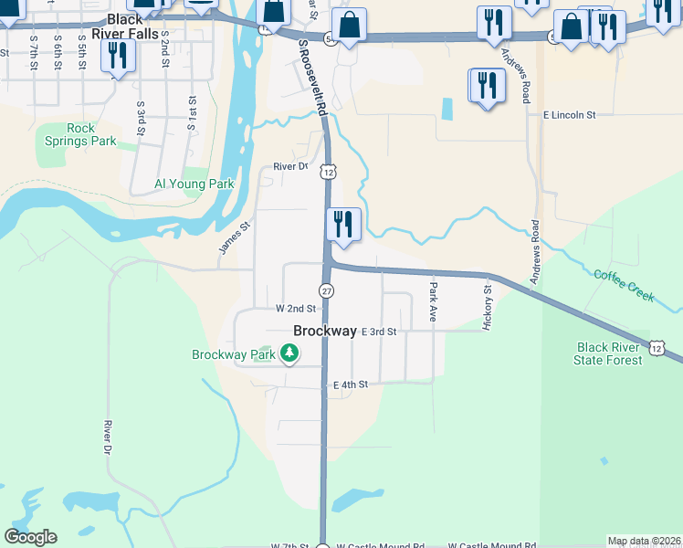 map of restaurants, bars, coffee shops, grocery stores, and more near 112 East 2nd Street in Black River Falls
