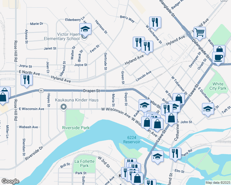 map of restaurants, bars, coffee shops, grocery stores, and more near 423 Draper Street in Kaukauna