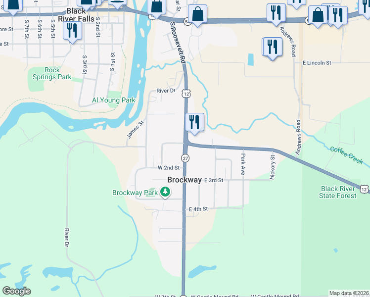 map of restaurants, bars, coffee shops, grocery stores, and more near 112 East 2nd Street in Black River Falls