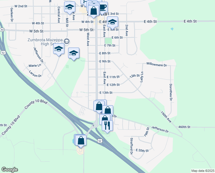 map of restaurants, bars, coffee shops, grocery stores, and more near 1295 East Avenue in Zumbrota