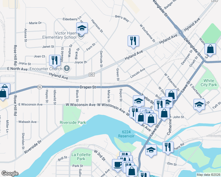 map of restaurants, bars, coffee shops, grocery stores, and more near 415 Draper Street in Kaukauna
