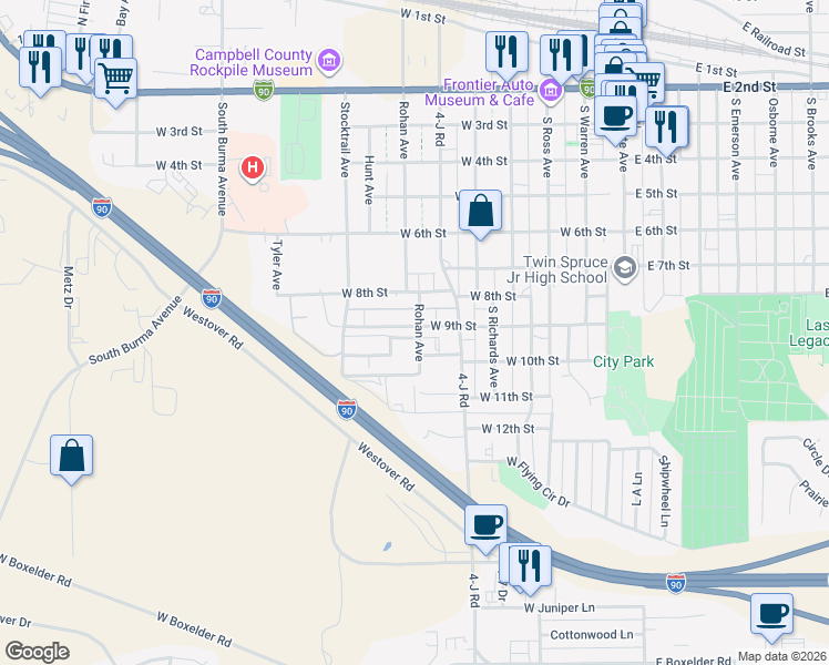 map of restaurants, bars, coffee shops, grocery stores, and more near 600-698 West 10th Street in Gillette