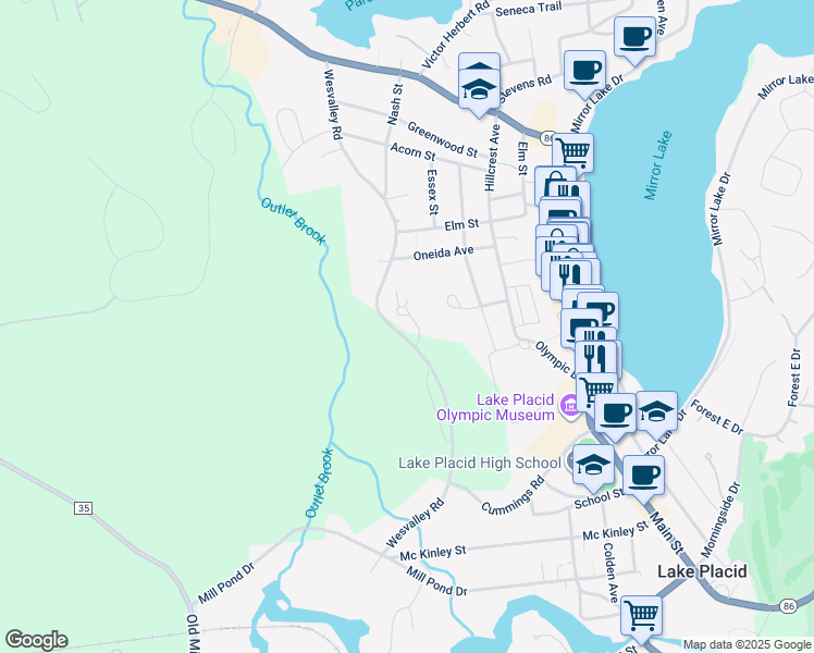 map of restaurants, bars, coffee shops, grocery stores, and more near 46-58 West Valley Road in Lake Placid