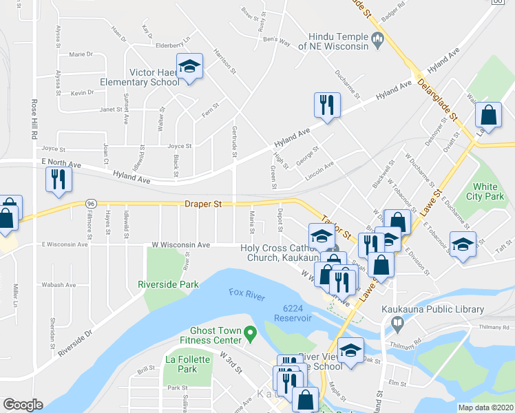 map of restaurants, bars, coffee shops, grocery stores, and more near 415 Draper Street in Kaukauna