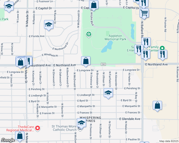 map of restaurants, bars, coffee shops, grocery stores, and more near 2629 North Owaissa Street in Appleton