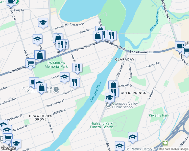 map of restaurants, bars, coffee shops, grocery stores, and more near 122 Fradette Avenue in Peterborough