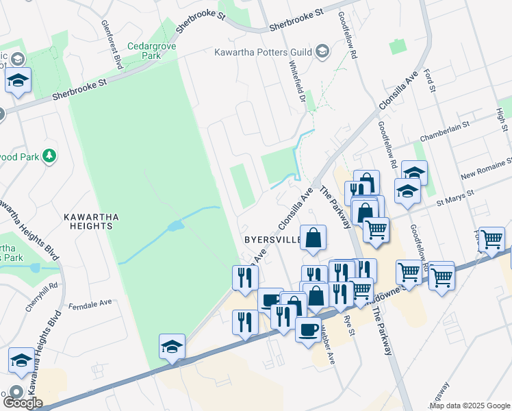 map of restaurants, bars, coffee shops, grocery stores, and more near 926 Whitefield Drive in Peterborough