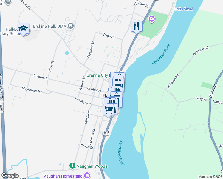 map of restaurants, bars, coffee shops, grocery stores, and more near 114 2nd St in Hallowell