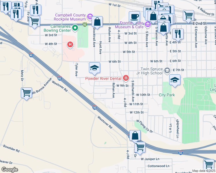 map of restaurants, bars, coffee shops, grocery stores, and more near 1000-1006 Graham Ave in Gillette