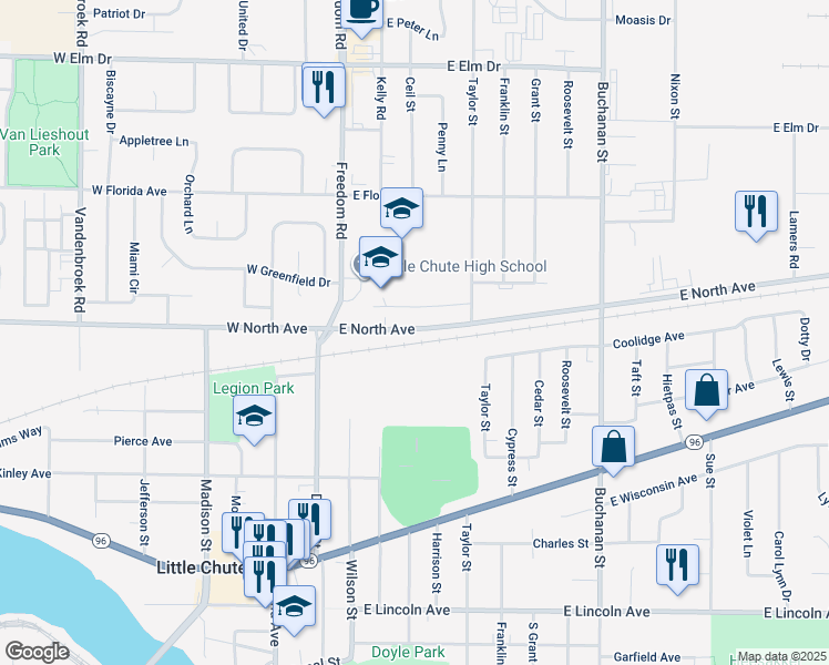 map of restaurants, bars, coffee shops, grocery stores, and more near 309-311 East North Avenue in Little Chute