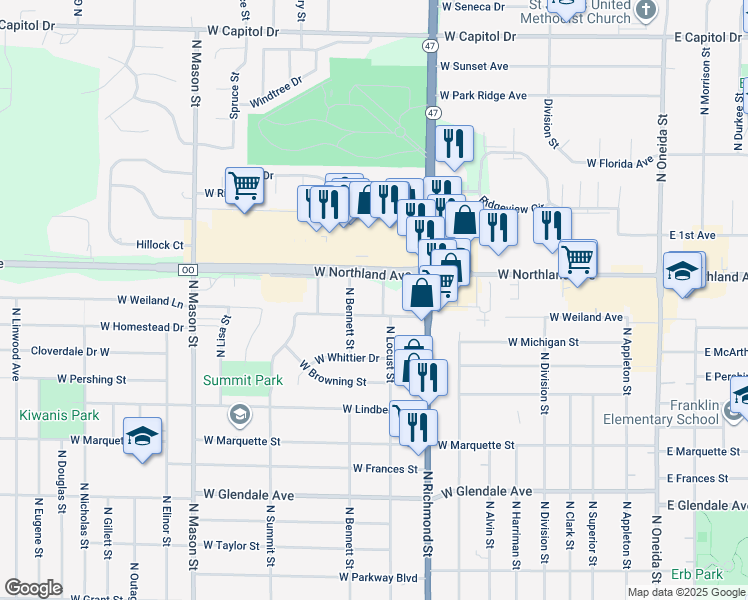 map of restaurants, bars, coffee shops, grocery stores, and more near 801 West Weiland Avenue in Appleton