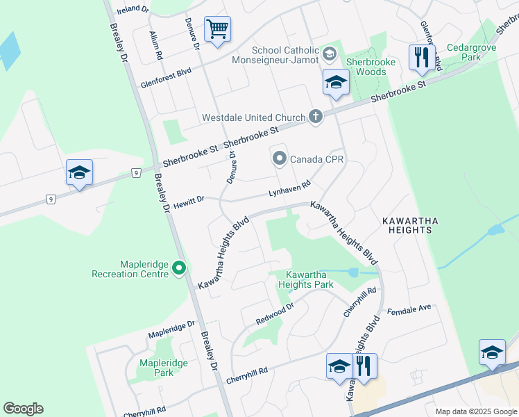 map of restaurants, bars, coffee shops, grocery stores, and more near 2259 Kawartha Heights Boulevard in Peterborough