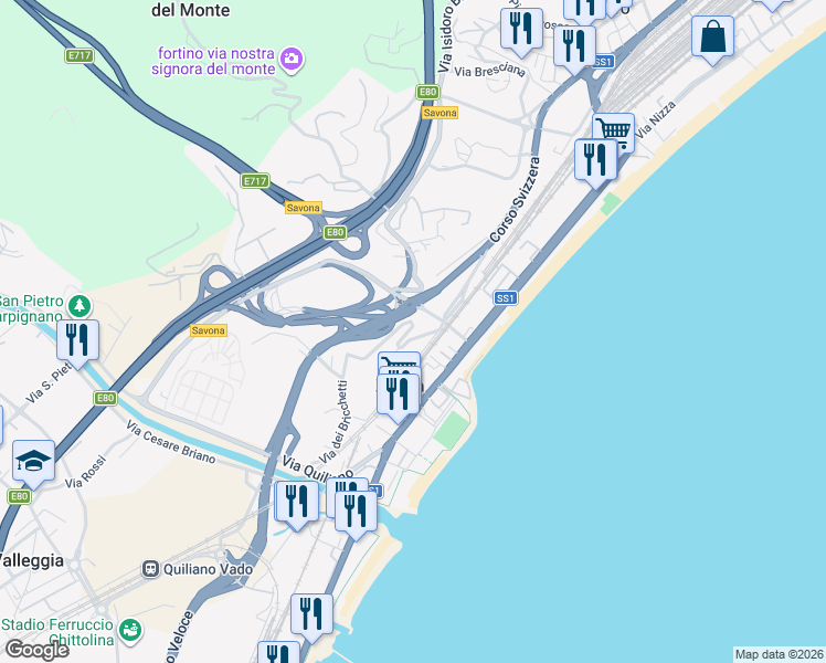 map of restaurants, bars, coffee shops, grocery stores, and more near 78 Via Nizza in Savona