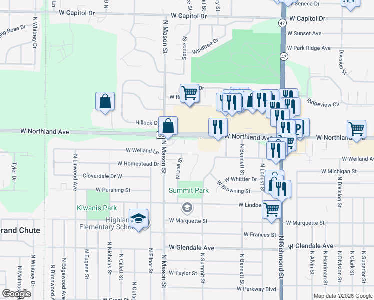 map of restaurants, bars, coffee shops, grocery stores, and more near 1115 West Weiland Lane in Appleton