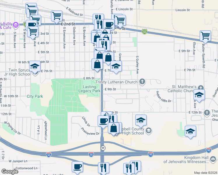map of restaurants, bars, coffee shops, grocery stores, and more near 884 East 9th Street in Gillette