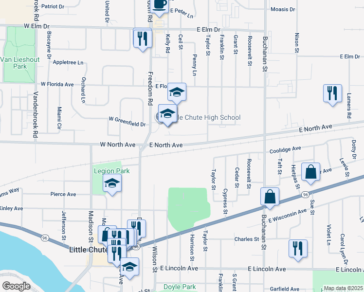 map of restaurants, bars, coffee shops, grocery stores, and more near 309-311 East North Avenue in Little Chute