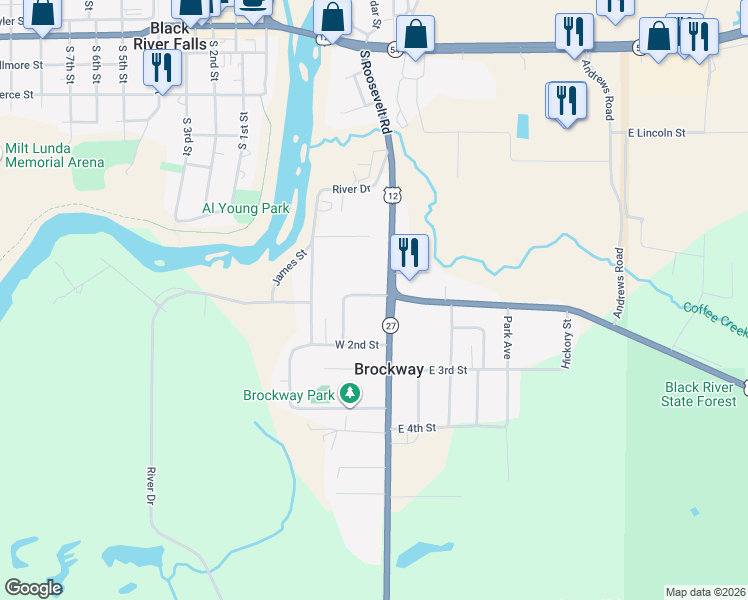 map of restaurants, bars, coffee shops, grocery stores, and more near 208 Gebhardt Road in Black River Falls