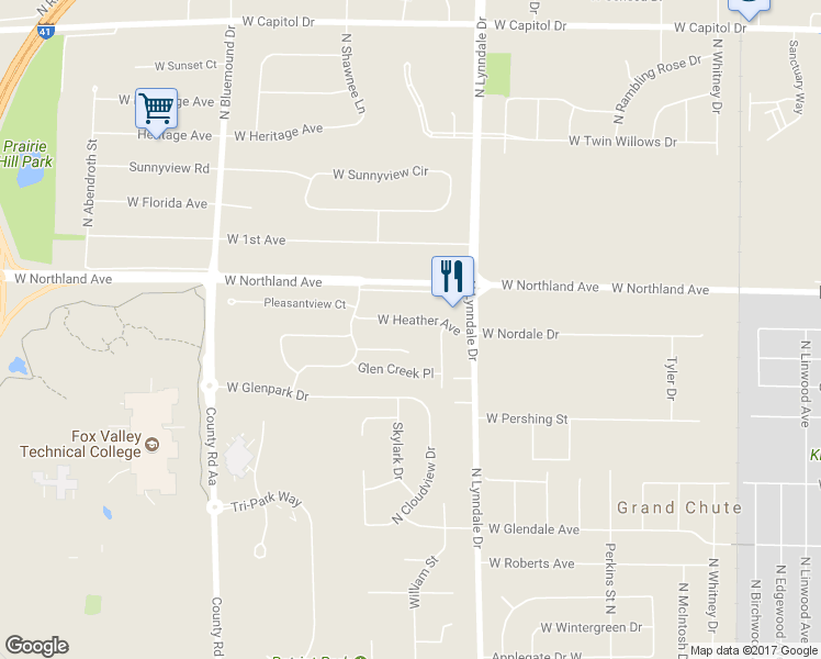 map of restaurants, bars, coffee shops, grocery stores, and more near 2627 West Heather Avenue in Appleton