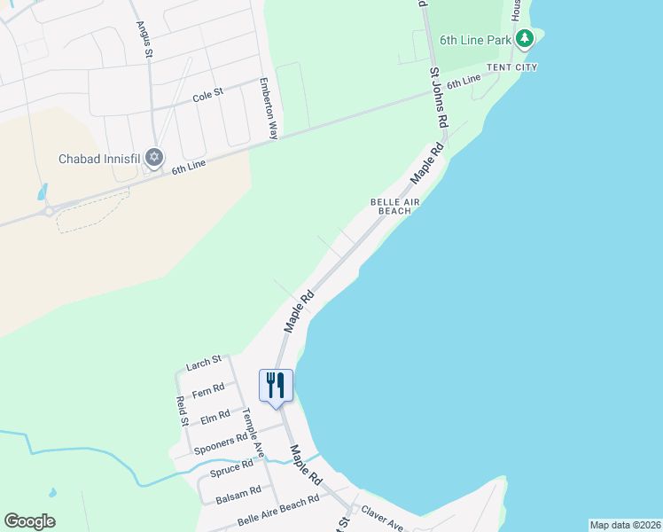 map of restaurants, bars, coffee shops, grocery stores, and more near 1382 Maple Road in Innisfil