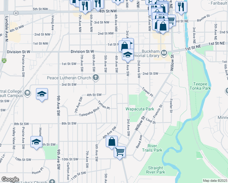 map of restaurants, bars, coffee shops, grocery stores, and more near 411 4th Avenue Southwest in Faribault