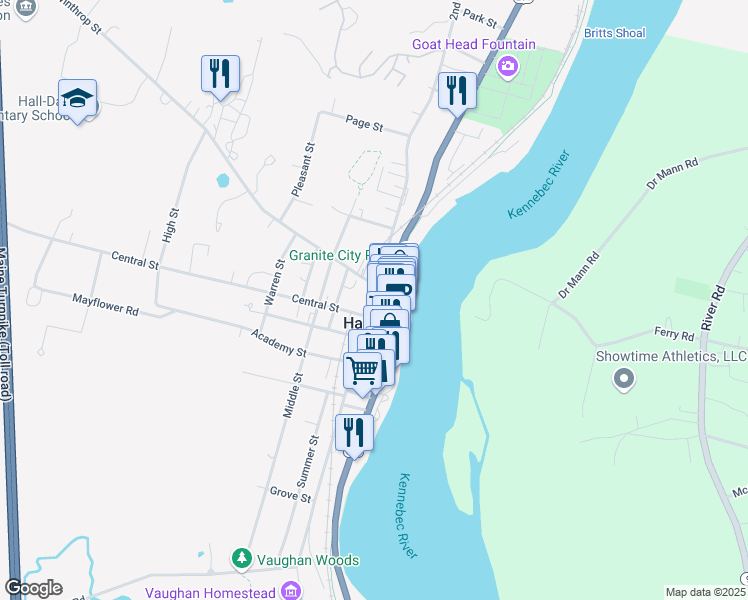 map of restaurants, bars, coffee shops, grocery stores, and more near 106 2nd Street in Hallowell