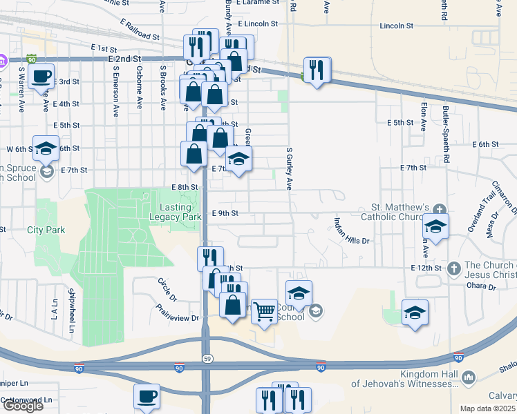 map of restaurants, bars, coffee shops, grocery stores, and more near 24 East 9th Street in Gillette