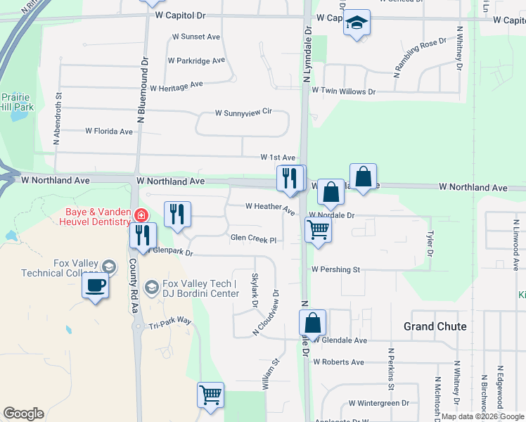 map of restaurants, bars, coffee shops, grocery stores, and more near 2578 West Parkmoor Court in Appleton