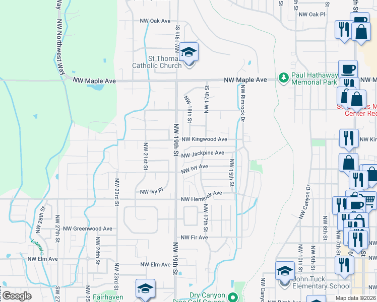 map of restaurants, bars, coffee shops, grocery stores, and more near 1814 Northwest Jackpine Avenue in Redmond