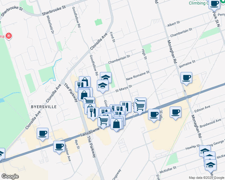 map of restaurants, bars, coffee shops, grocery stores, and more near 852 Saint Marys Street in Peterborough
