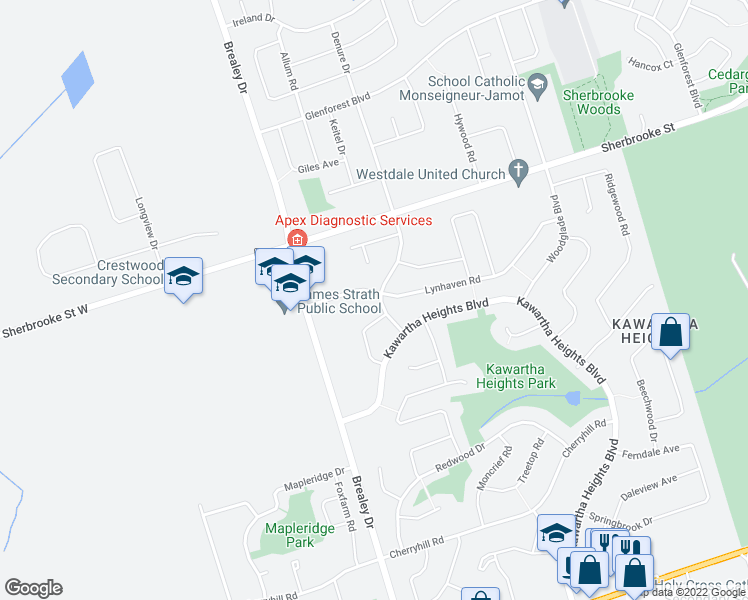 map of restaurants, bars, coffee shops, grocery stores, and more near 2233 Denure Drive in Peterborough