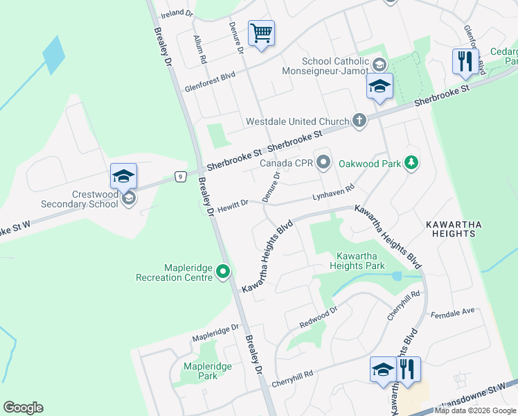 map of restaurants, bars, coffee shops, grocery stores, and more near 2233 Denure Drive in Peterborough