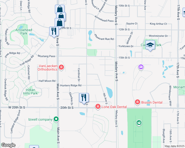 map of restaurants, bars, coffee shops, grocery stores, and more near 17th Street South in Brookings