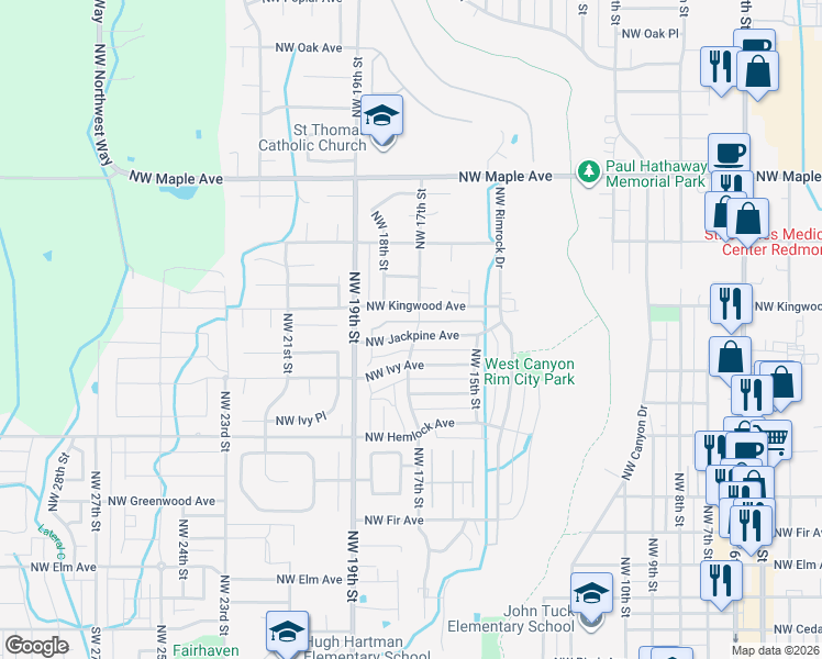 map of restaurants, bars, coffee shops, grocery stores, and more near 1719 Northwest Jackpine Avenue in Redmond