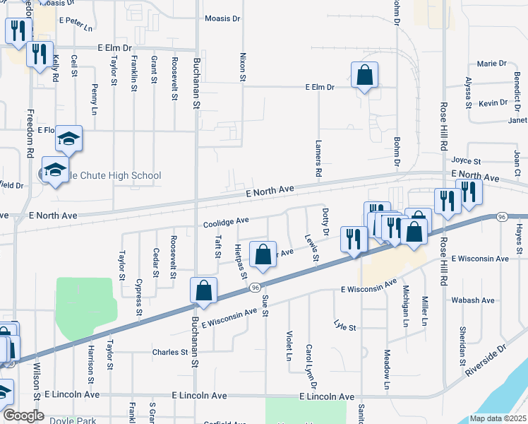 map of restaurants, bars, coffee shops, grocery stores, and more near 1322 Coolidge Avenue in Little Chute
