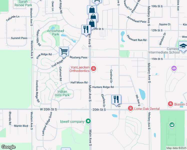 map of restaurants, bars, coffee shops, grocery stores, and more near 1501-1733 Main Ave S in Brookings
