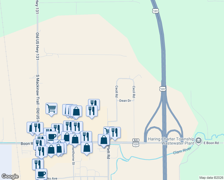 map of restaurants, bars, coffee shops, grocery stores, and more near 3649-3653 Cecil Road in Cadillac