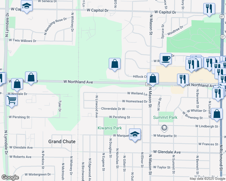 map of restaurants, bars, coffee shops, grocery stores, and more near 1610 West Weiland Lane in Appleton