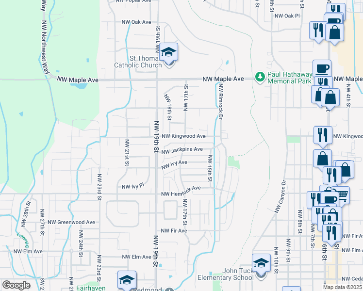 map of restaurants, bars, coffee shops, grocery stores, and more near 1127 Northwest 17th Street in Redmond