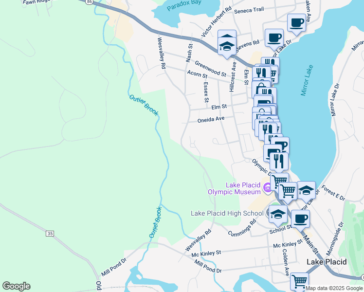 map of restaurants, bars, coffee shops, grocery stores, and more near West Valley Road in Lake Placid