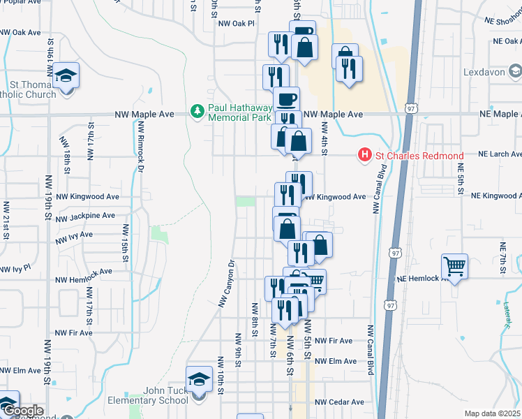 map of restaurants, bars, coffee shops, grocery stores, and more near 725 Northwest Kingwood Avenue in Redmond