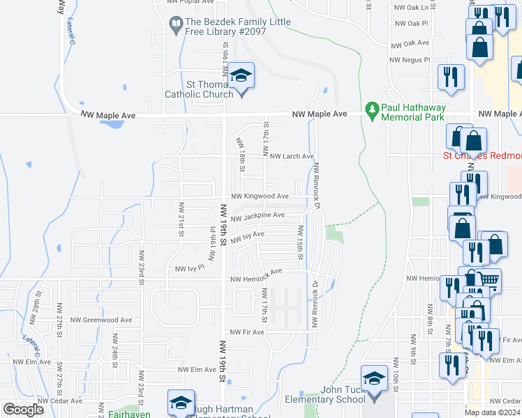 map of restaurants, bars, coffee shops, grocery stores, and more near 802 Northwest 19th Street in Redmond