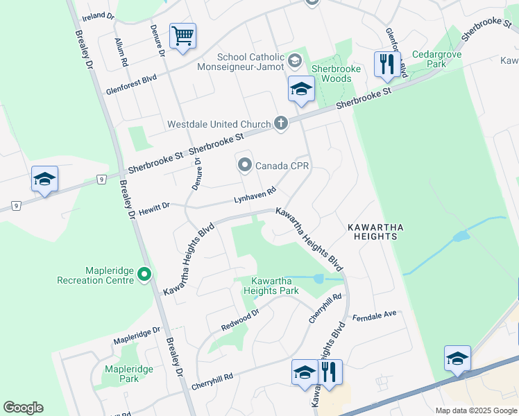 map of restaurants, bars, coffee shops, grocery stores, and more near 2220 Kawartha Heights Boulevard in Peterborough