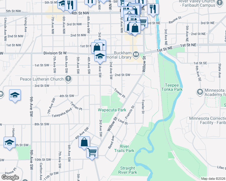map of restaurants, bars, coffee shops, grocery stores, and more near 305 2nd Avenue Southwest in Faribault
