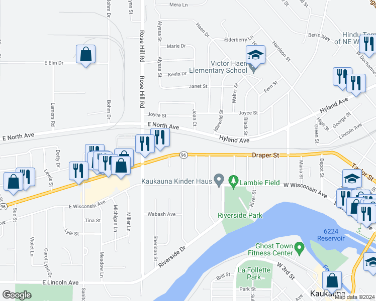 map of restaurants, bars, coffee shops, grocery stores, and more near 2328 East Main Street in Kaukauna