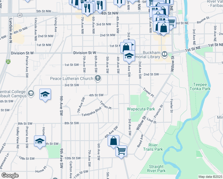 map of restaurants, bars, coffee shops, grocery stores, and more near 425 3rd Street Southwest in Faribault