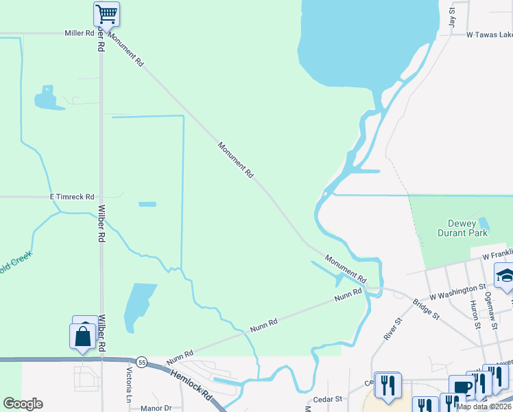 map of restaurants, bars, coffee shops, grocery stores, and more near 257-499 Monument Road in East Tawas