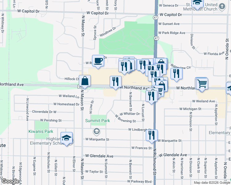 map of restaurants, bars, coffee shops, grocery stores, and more near 976 West Northland Avenue in Appleton