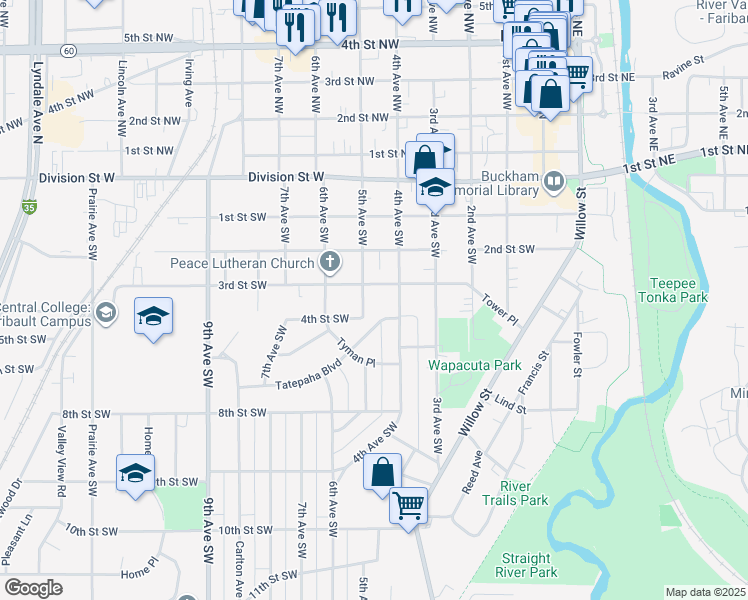 map of restaurants, bars, coffee shops, grocery stores, and more near 425 3rd Street Southwest in Faribault