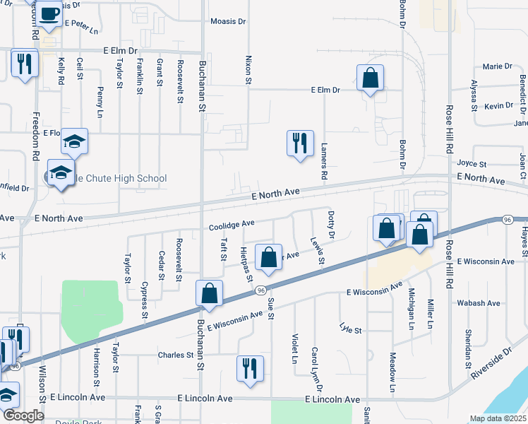map of restaurants, bars, coffee shops, grocery stores, and more near 1322 Coolidge Avenue in Little Chute