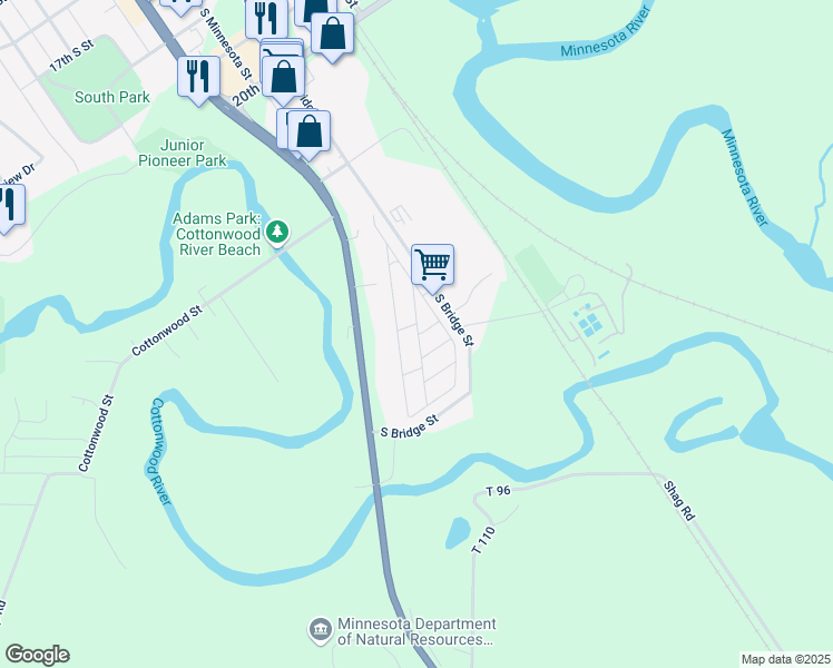 map of restaurants, bars, coffee shops, grocery stores, and more near 2528-2598 S Bridge St in New Ulm